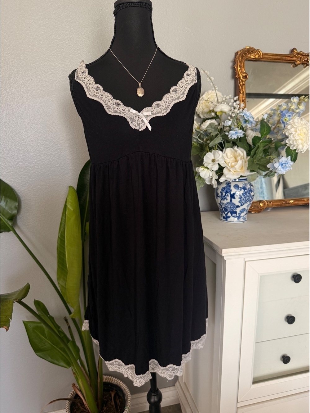 Black White Lace Babydoll Slip Nightgown Dress